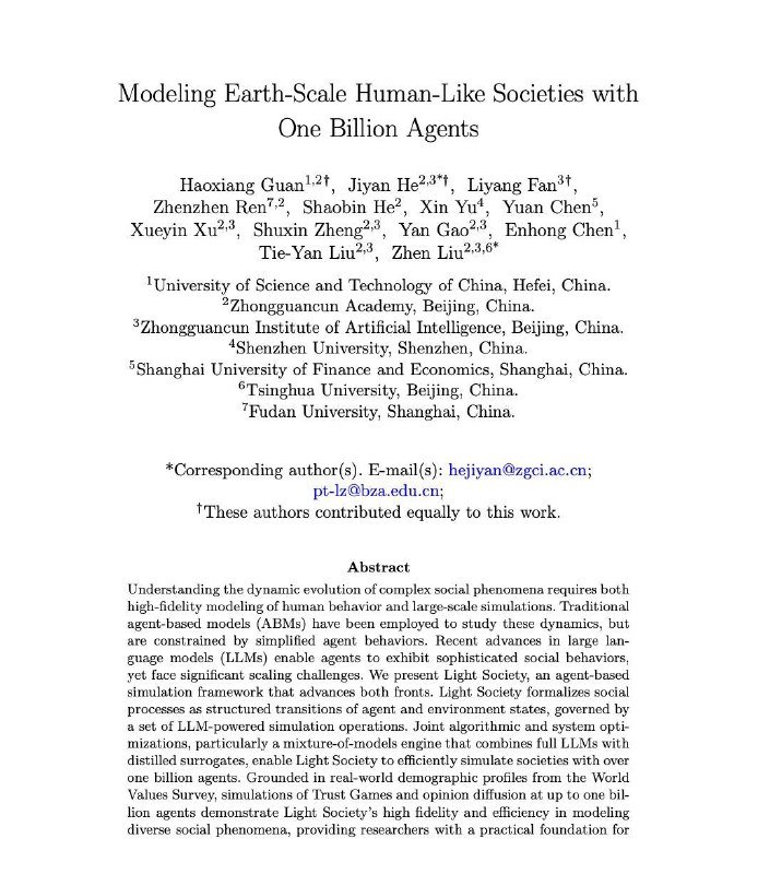 The title page of an academic paper titled "Modeling Earth-Scale Human-Like Societies with One Billion Agents," listing multiple Chinese-affiliated authors and their institutions above an abstract paragraph.