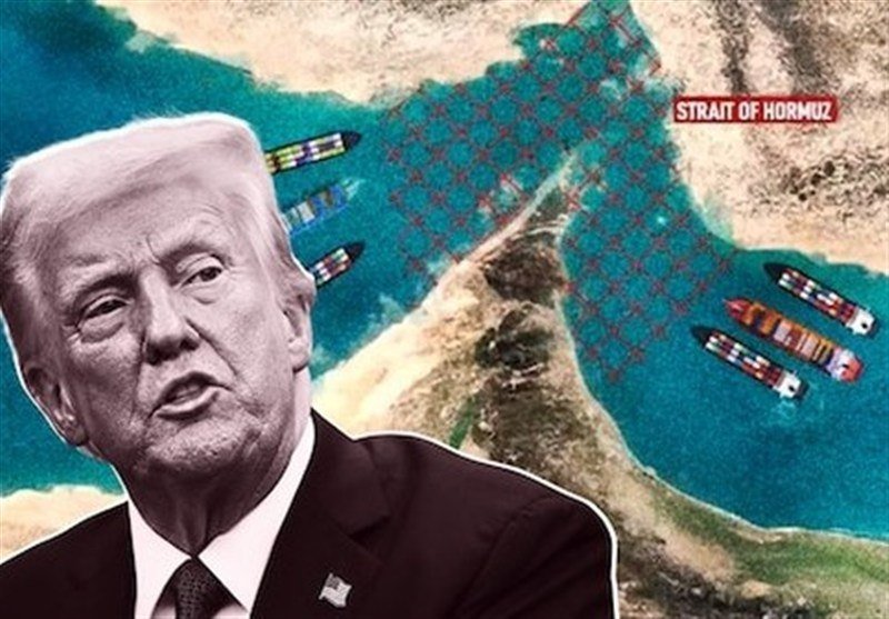 Illustration of a man's portrait overlaid on a satellite map labeled "STRAIT OF HORMUZ," showing cargo ships and red X marks in the water.