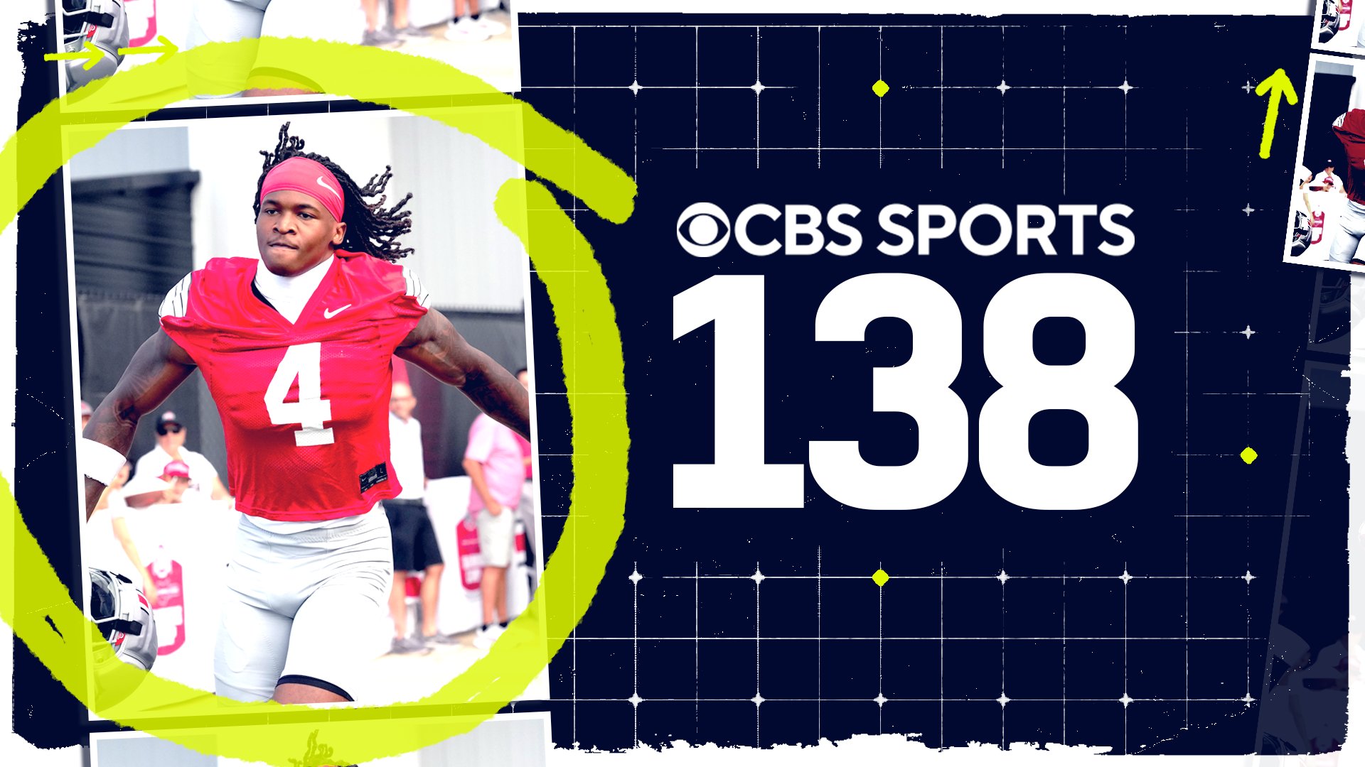 Graphic illustration featuring a CBS Sports logo, the number "138," and a football player in a red jersey running on a field.