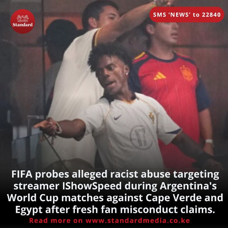 A news graphic shows a young man in a white soccer jersey with headphones around his neck, gesturing with one hand, alongside two other men, with text about FIFA investigating alleged racist abuse against streamer IShowSpeed.