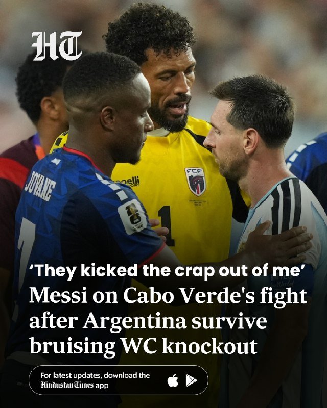 A news graphic with the Hindustan Times logo shows soccer players in blue and yellow jerseys confronting each other face-to-face on a pitch.