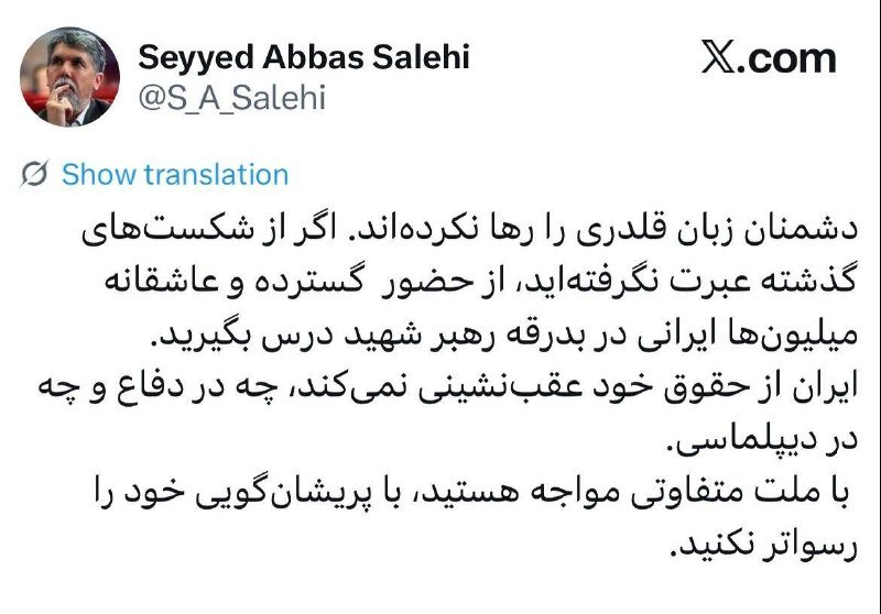 A screenshot of a X.com post by Seyyed Abbas Salehi (@S_A_Salehi) featuring a profile photo of a man and several paragraphs of Persian text.