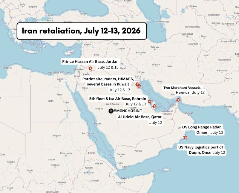 An illustrative map of the Middle East titled "Iran retaliation, July 12-13, 2026," marking multiple military and naval sites across Jordan, Kuwait, Bahrain, Qatar, Oman, and the Strait of Hormuz.