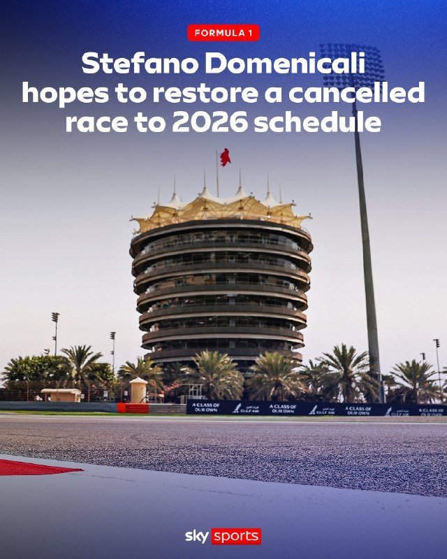 A Sky Sports Formula 1 graphic features a tiered pavilion tower, palm trees, and a race track under a clear sky.