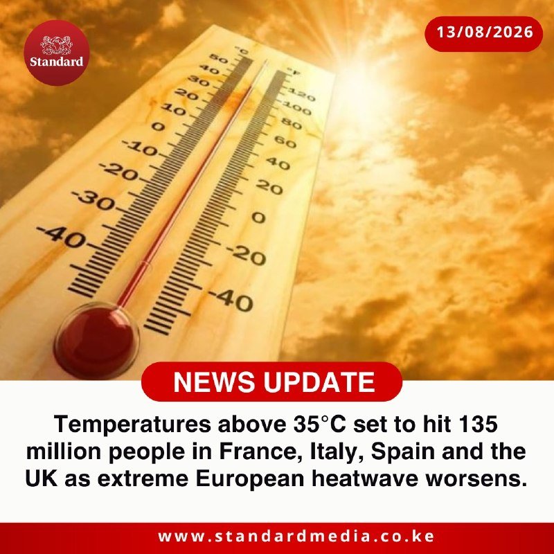 Graphic illustration showing a large thermometer against a sunlit cloudy sky, with a "NEWS UPDATE" banner reporting above-35°C temperatures affecting 135 million people across four European countries.