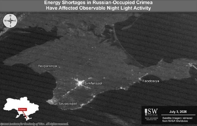 A grayscale satellite image dated July 3, 2026, shows the Crimean peninsula at night with bright clusters of city lights labeled Simferopol, Sevastopol, Yevpatoriya, and Feodosiya.