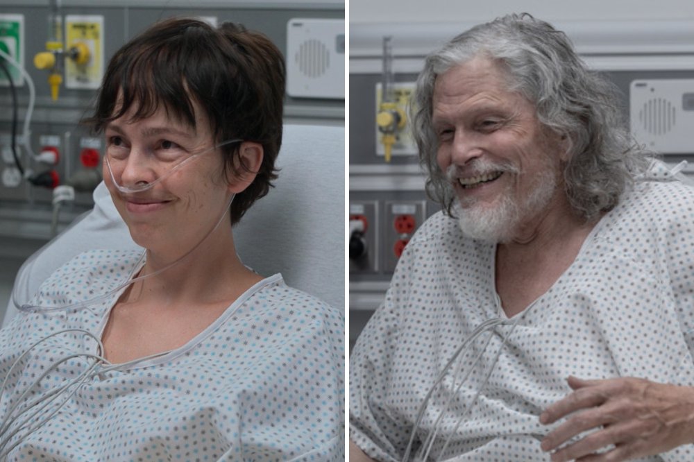 Split image of a woman with a nasal cannula and a smiling long-haired man, both in hospital gowns with medical tubing, in clinical settings.