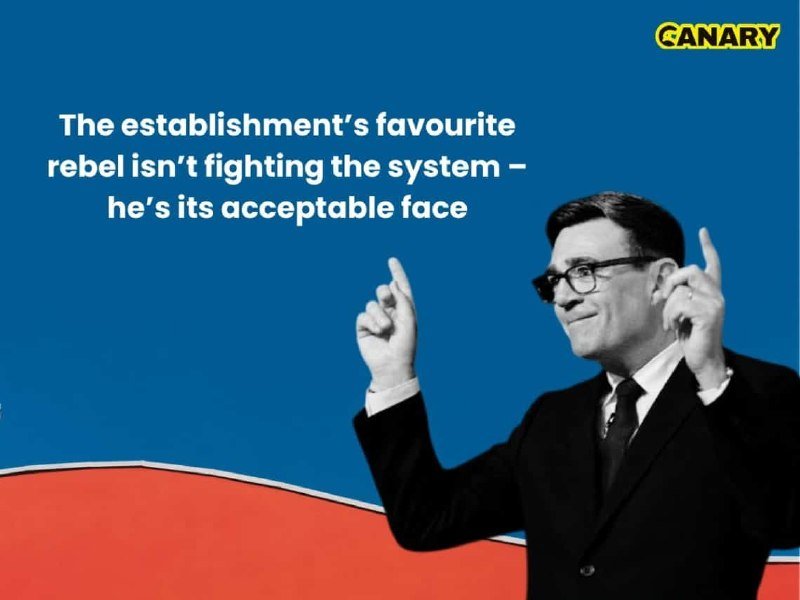 A graphic illustration shows a man in a suit pointing both index fingers upward, set against blue and orange panels, with a "CANARY" logo and overlaid text.