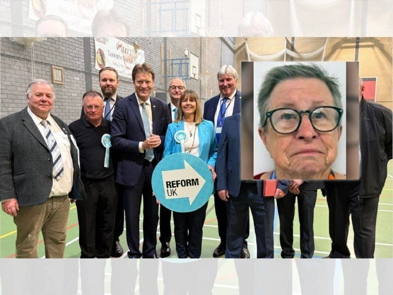 A group of people in formal attire stand together holding a blue "Reform UK" sign, with an inset portrait of an older woman wearing glasses overlaid on the image.