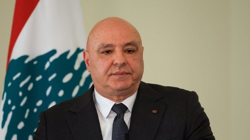 A bald man in a dark suit and patterned tie speaks in front of a Lebanese flag.