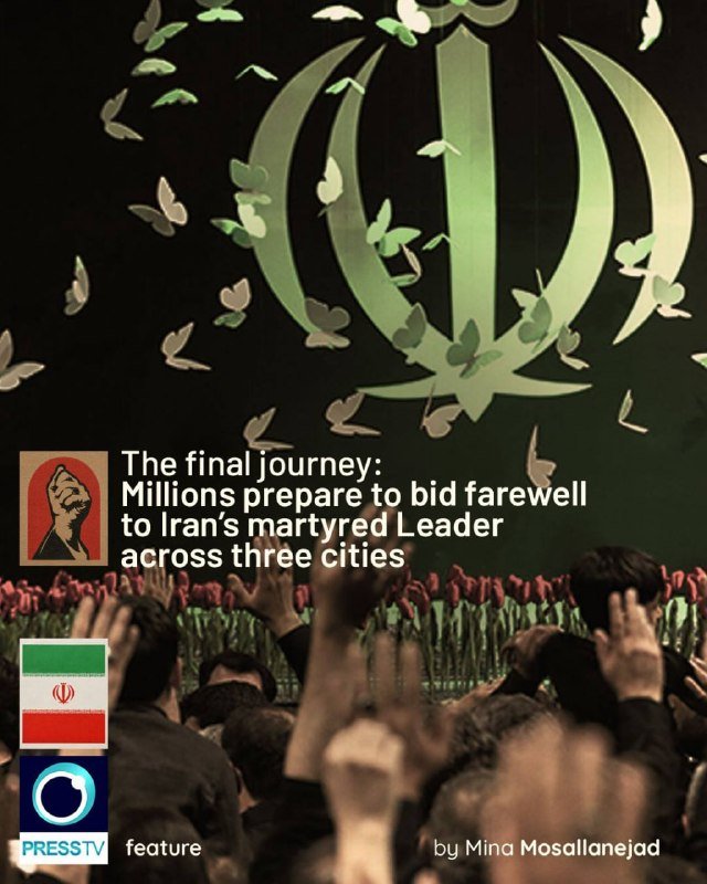 A massive crowd carrying Iranian flags gathers around a decorated truck carrying a flag-draped casket in a city street, with Arabic calligraphy visible on a green banner.