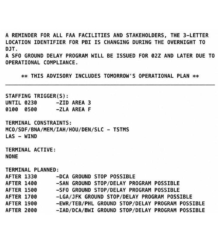 A text-based FAA advisory notice detailing staffing triggers, terminal constraints, and planned ground stop/delay programs for various U.S. airports.