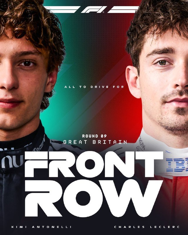 F1 promotional graphic showing two drivers split against green and red backgrounds, labeled "Kimi Antonelli" and "Charles Leclerc," reading "Front Row — Round 09 Great Britain."