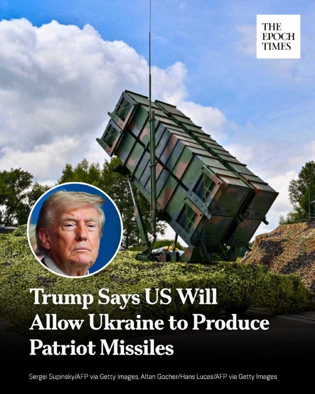 A Patriot missile launcher sits outdoors under a cloudy sky, overlaid with a portrait of Donald Trump and a headline about US Patriot missiles for Ukraine.