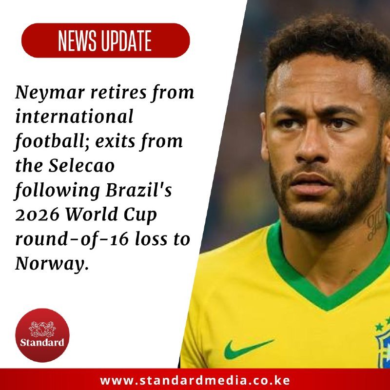 Graphic shows a bearded man in a yellow Brazil football jersey beside text announcing Neymar's retirement from international football.