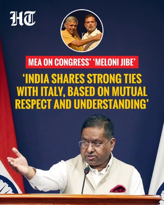 A news graphic from "HT" features a man in glasses speaking at a podium, with an inset photo of two men embracing above text reading "INDIA SHARES STRONG TIES WITH ITALY."