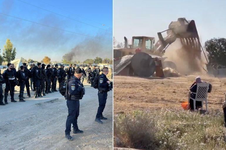 A split image shows uniformed officers gathered near smoke on a road (left) and a bulldozer demolishing a structure in a dusty field (right).