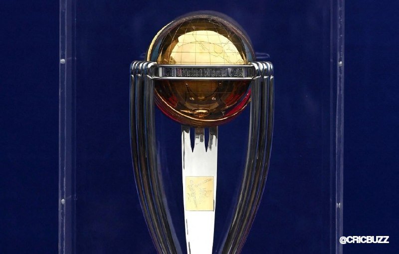 A gold and silver trophy featuring a globe-shaped top inscribed with "Cricket World Cup" sits inside a clear display case against a dark blue background.