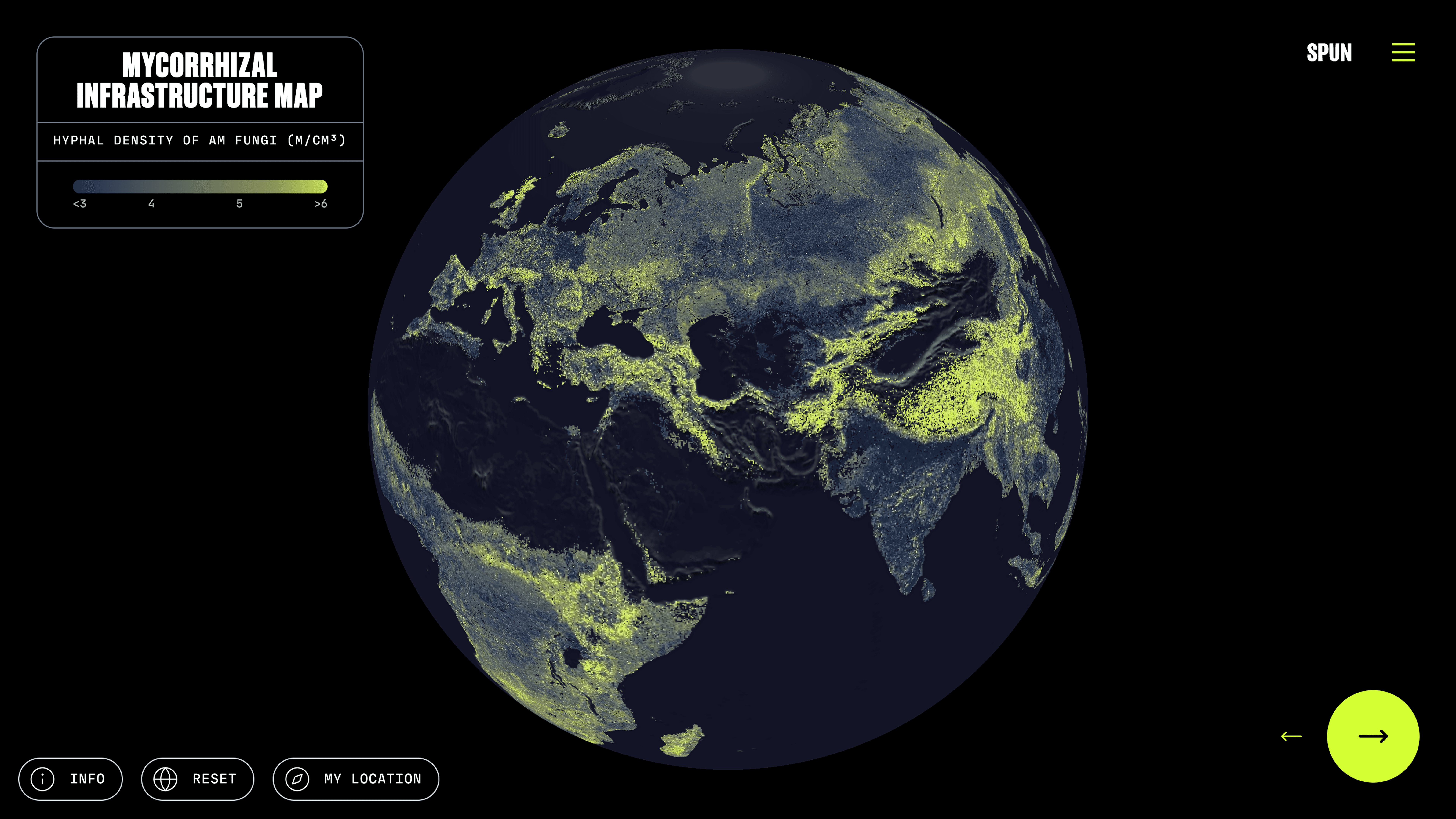 A digital "Mycorrhizal Infrastructure Map" from SPUN displays a globe overlaid with yellow-green dots indicating hyphal density of AM fungi, with a color scale ranging from under 3 to over 6 m/cm³.