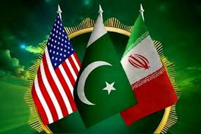 Illustration showing the flags of the United States, Pakistan, and Iran displayed together against a green background with a golden border.