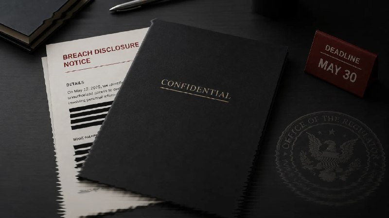 A dark desk displays a black "CONFIDENTIAL" folder atop a "BREACH DISCLOSURE NOTICE" document, with a red "DEADLINE MAY 30" block and a partial "OFFICE OF THE REGULATOR" eagle seal nearby.