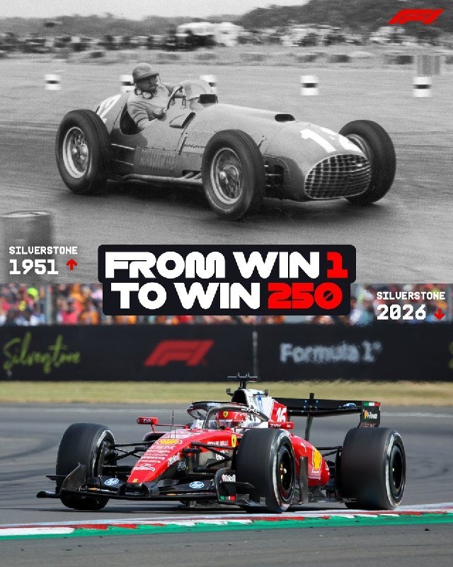 A Formula 1 graphic contrasts a black-and-white image of a 1951 Silverstone race car with a color image of a modern red Formula 1 car, captioned "FROM WIN 1 TO WIN 250."