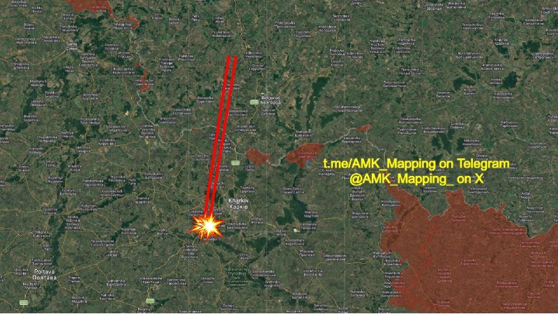 Satellite map showing a red explosion graphic and two red lines pointing toward the area labeled Kharkiv, with Telegram handle text on the right.
