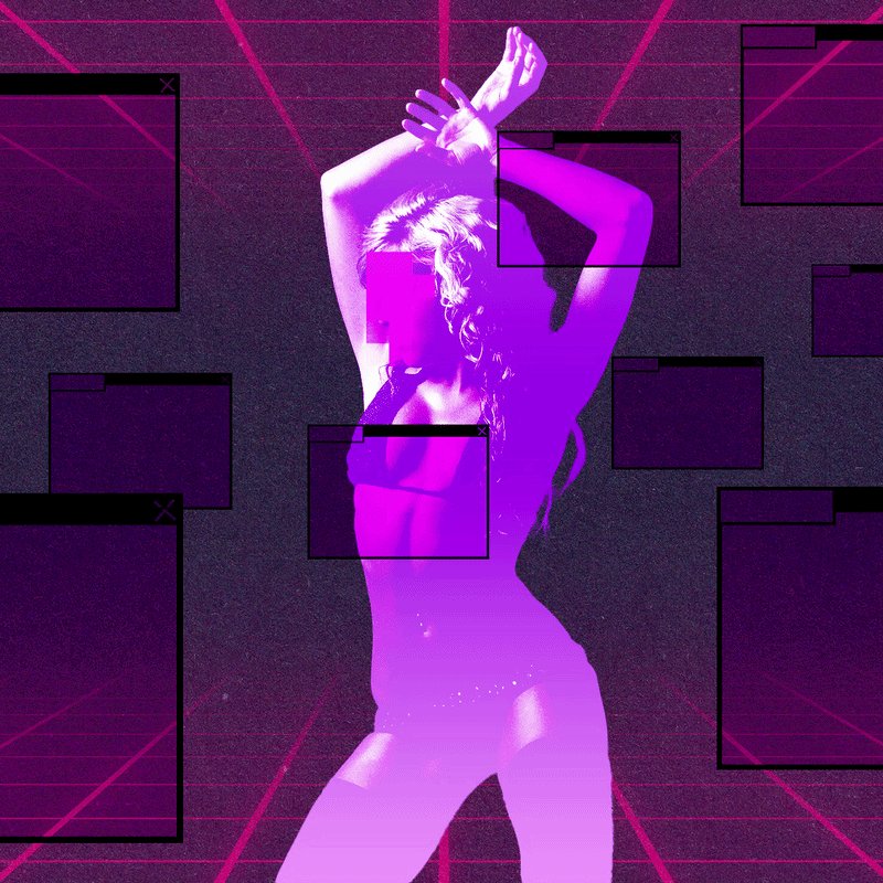 Digital illustration of a nude woman in purple tones posing with arms raised, set against a dark background with empty window-like frames.
