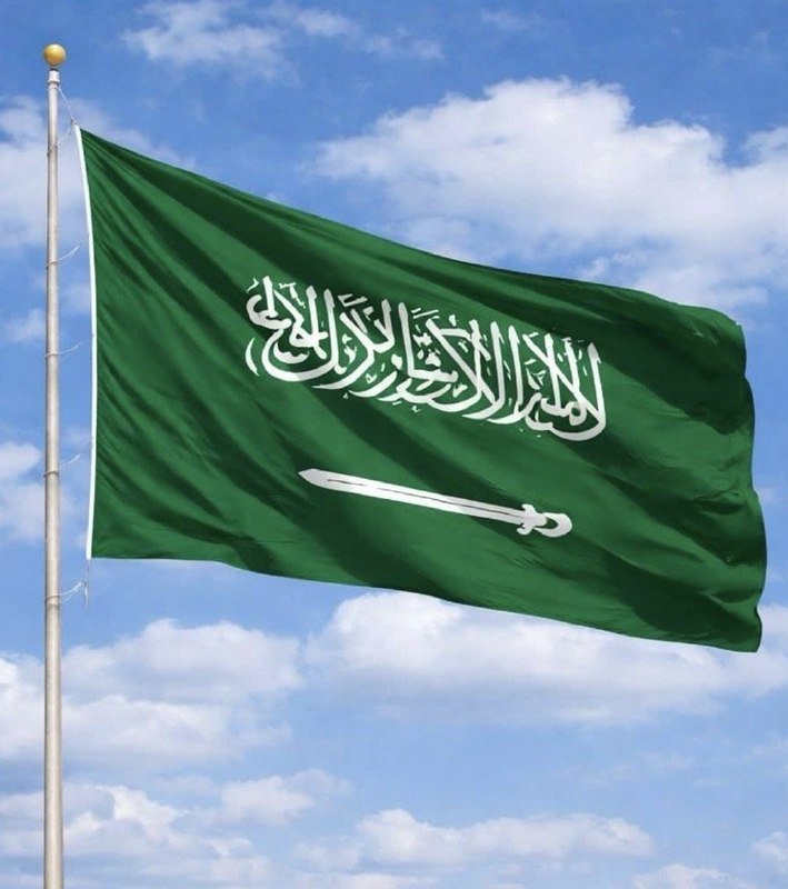 A green flag bearing white Arabic script and a sword emblem waves from a silver flagpole against a blue, partly cloudy sky.