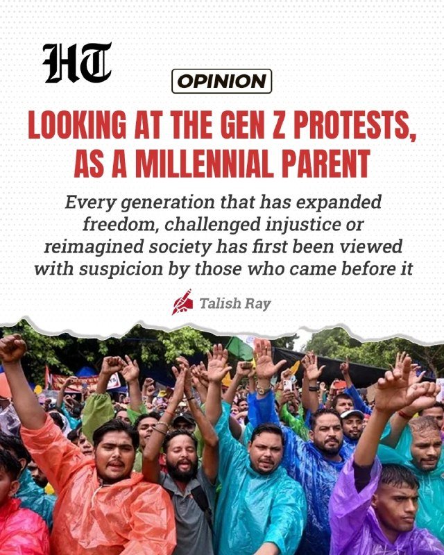 Graphic illustration featuring the "HT" logo, an "Opinion" label, a headline about Gen Z protests, a byline for Talish Ray, and a photograph of a crowd with raised hands in rain ponchos.