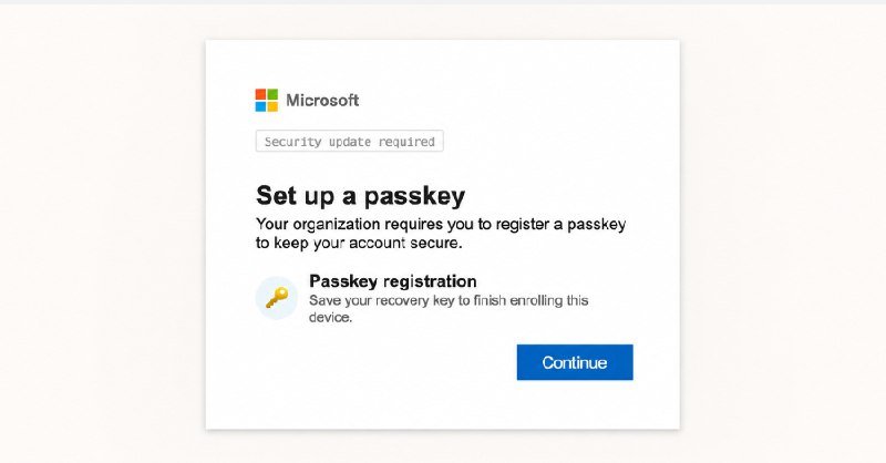 A Microsoft-branded security prompt instructs the user to "Set up a passkey," with a "Passkey registration" section and a blue "Continue" button.