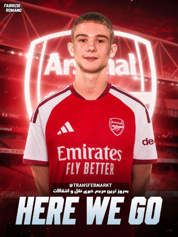 A young man wearing a red and white Arsenal football jersey with "Emirates Fly Better" sponsor text, standing in front of an Arsenal logo graphic, with "HERE WE GO" displayed at the bottom.