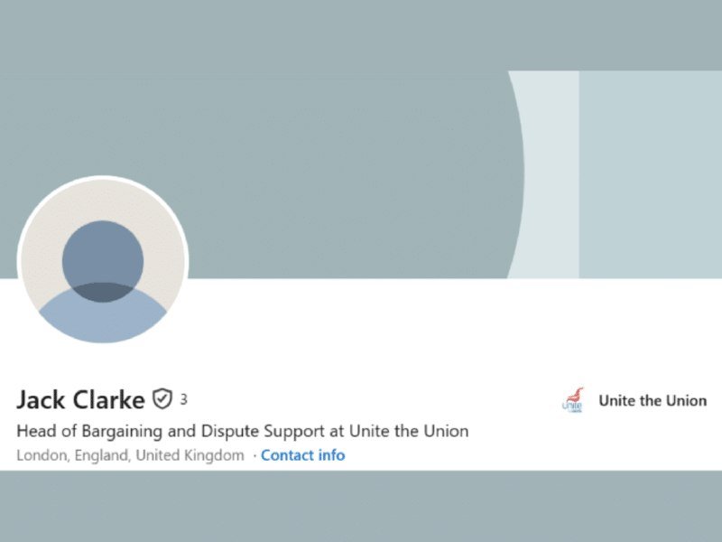 A digital illustration of a profile card displays a gray placeholder avatar beside the text "Jack Clarke," listed as Head of Bargaining and Dispute Support at Unite the Union, based in London, England.