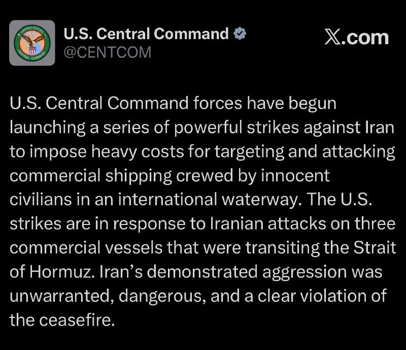 A screenshot of an X.com post from U.S. Central Command (@CENTCOM) announcing military strikes against Iran in response to attacks on commercial vessels in the Strait of Hormuz.