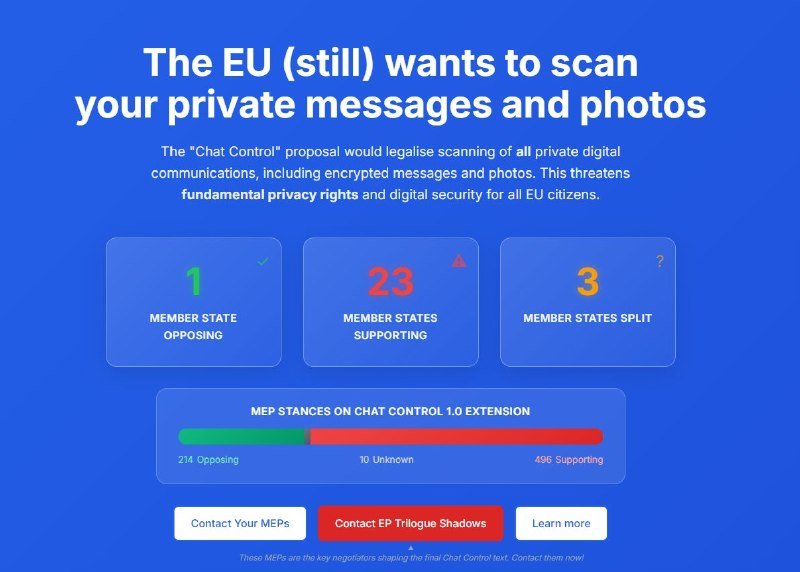 A digital advocacy graphic with a blue background displays the headline "The EU (still) wants to scan your private messages and photos," alongside colored statistics showing member state positions on the "Chat Control" proposal.