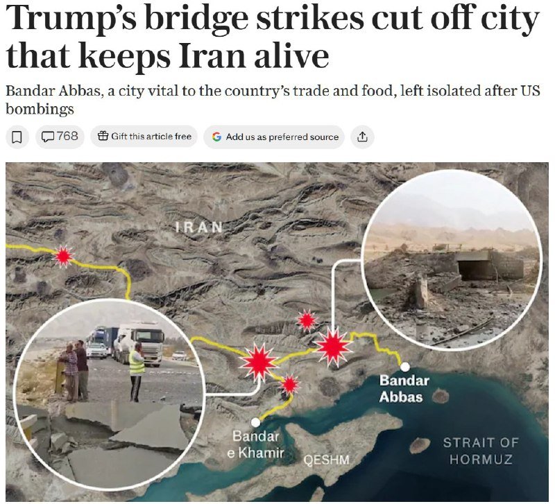 A graphic map of southern Iran labeled "IRAN" shows red starbursts along a yellow road near Bandar Abbas, with inset photos of people on a damaged road and a destroyed landscape.