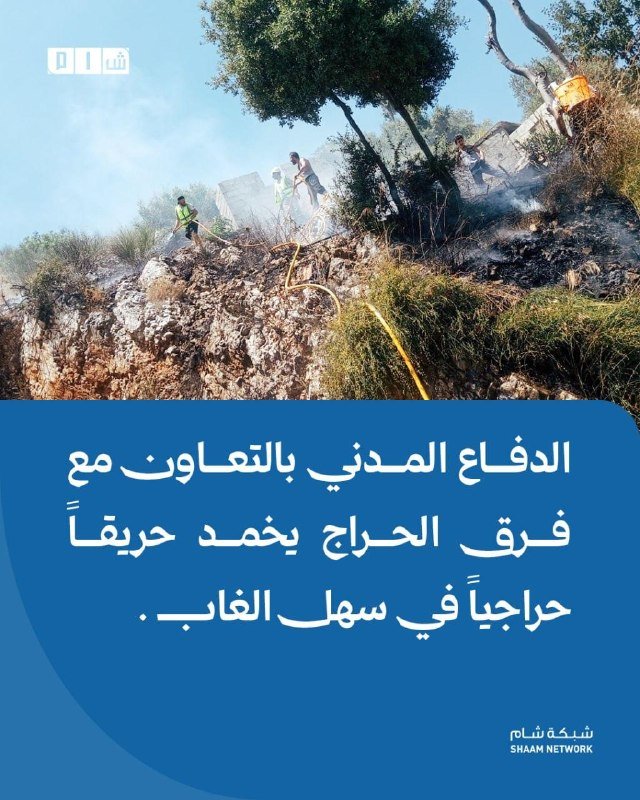 Graphic illustration showing figures with hoses working on a smoky, rocky hillside above Arabic text on a blue background labeled "SHAAM NETWORK."