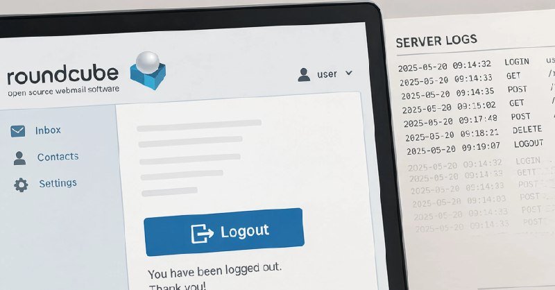 A computer screen displays the Roundcube webmail interface with an "Inbox, Contacts, Settings" menu and a "You have been logged out" message beside a printed sheet of server logs.