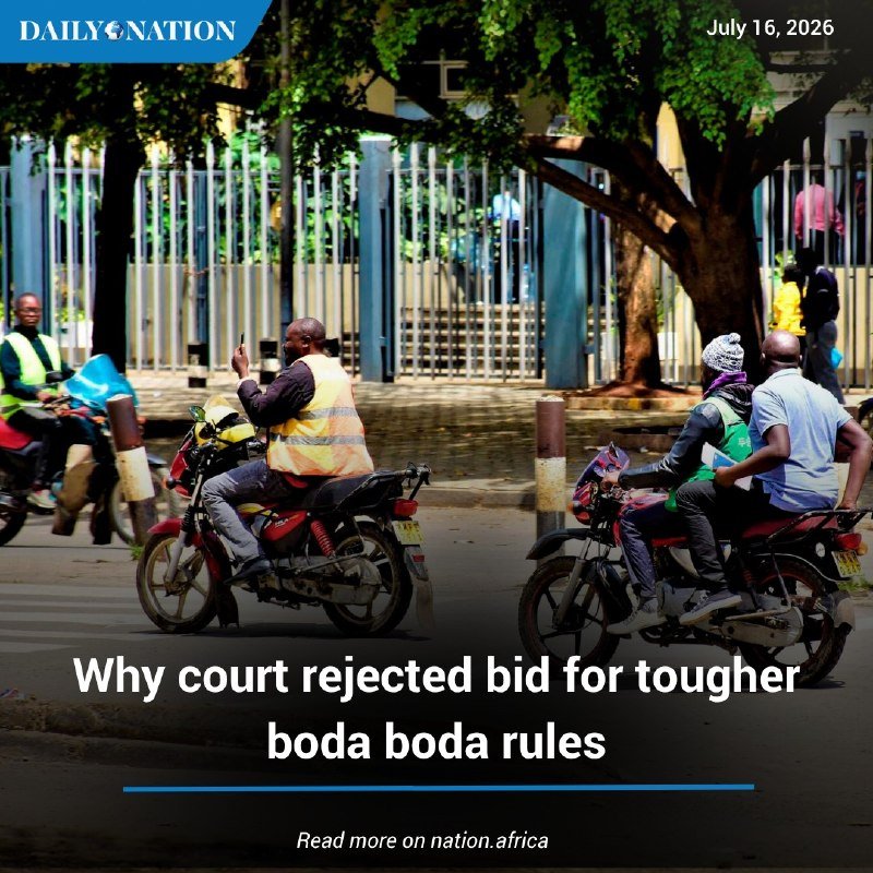 Two motorcycle riders wearing high-visibility vests travel down a tree-lined street, one carrying a passenger, beneath a "Daily Nation" news header dated July 16, 2026.