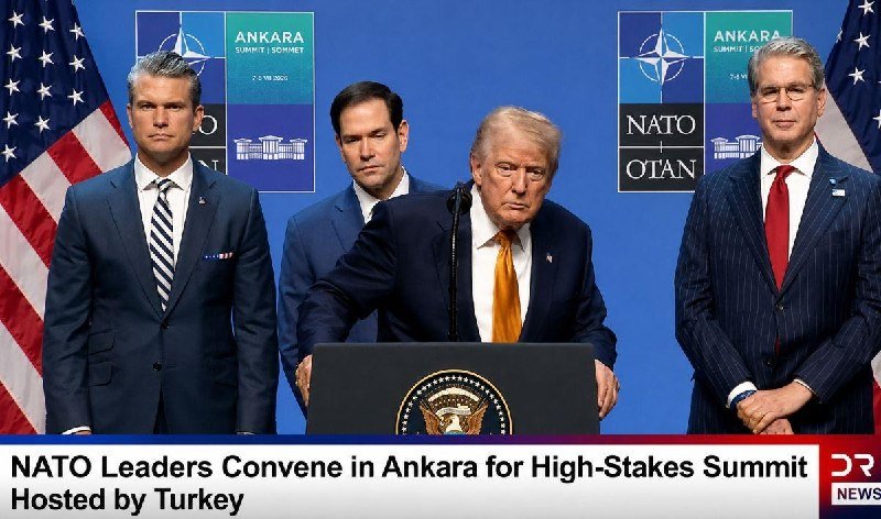 Four men in suits stand at a podium bearing a presidential seal, with a backdrop displaying NATO and "Ankara Summit 2026" signage.
