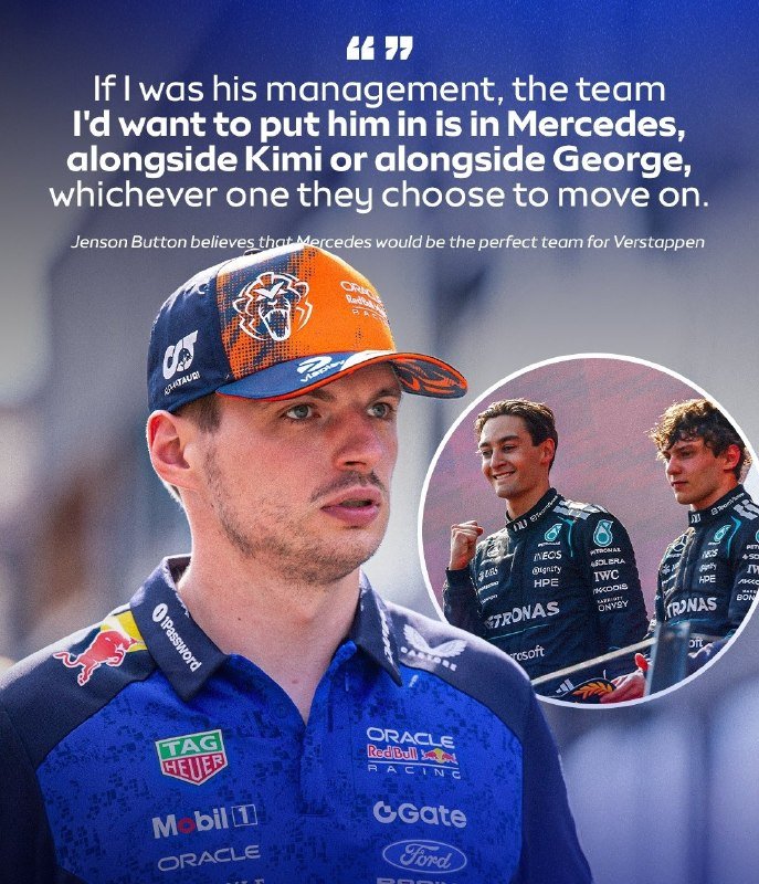 A graphic features a Formula 1 driver in a blue Oracle Red Bull Racing shirt and orange cap, alongside a quote about Mercedes and an inset image of two Mercedes drivers.