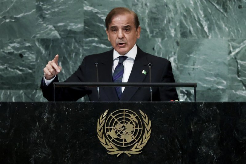 A man in a dark suit speaks at a podium bearing the United Nations emblem, gesturing with his right hand.