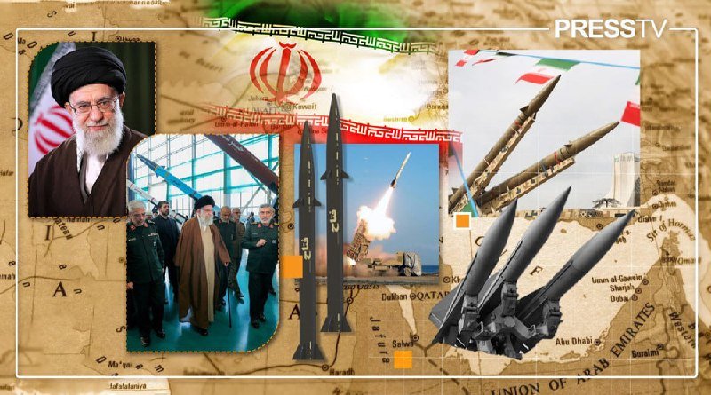 Press TV graphic collage showing a portrait, military officials, missiles labeled "JABAL," and Iranian flag imagery overlaid on a map of the Middle East.