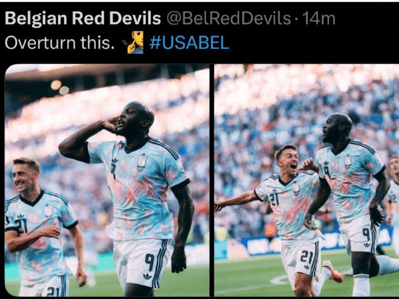 A split image shows soccer players in light blue jerseys numbered 9 and 21 celebrating with shouts and gestures on a stadium field.