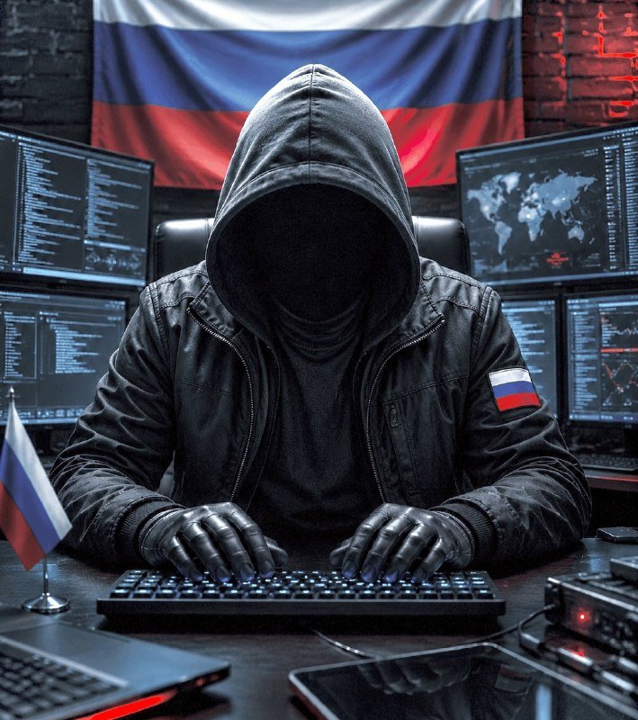 A hooded figure in a black leather jacket types on a keyboard at a desk surrounded by multiple monitors displaying code and maps, with Russian flags visible in the background.