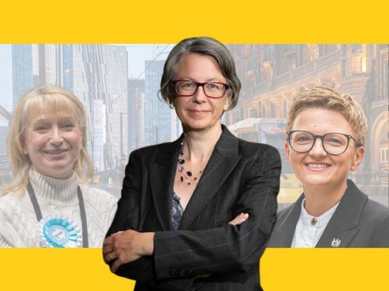Three women are pictured smiling at the camera in front of a city street backdrop, framed by yellow borders at the top and bottom.