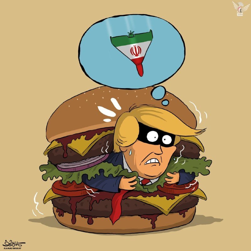A political cartoon illustration shows a masked, blonde-haired man in a suit trapped between the buns of a large hamburger, with a thought bubble depicting an Iranian flag being consumed like a popsicle.