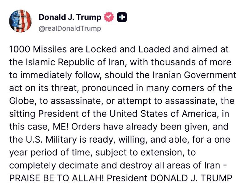 A screenshot of a Truth Social post from "Donald J. Trump" (@realDonaldTrump) containing a lengthy text statement addressed to the Islamic Republic of Iran.