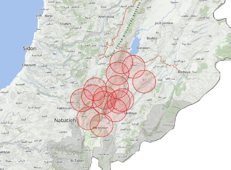 A map of southern Lebanon shows multiple overlapping red circles marking locations near Nabatieh, Hasbaya, Marjayoun, Qaraoun, and within the Shouf Cedar Biosphere Reserve.