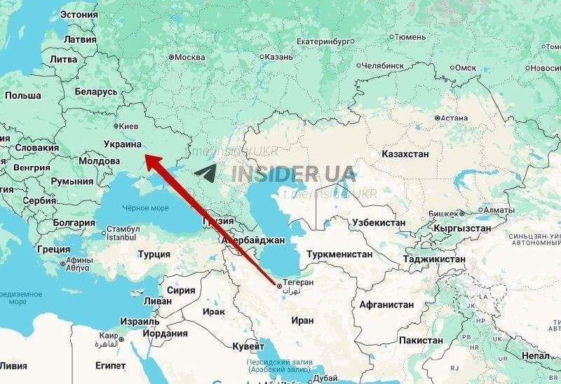 A map of Eastern Europe and Western Asia shows a red arrow extending from Iran toward Ukraine, with country labels in Russian and an "INSIDER UA" watermark visible.